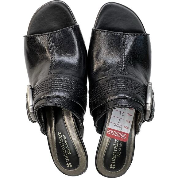 Naturalizer Sandals Wms 8M Black Leather Open Toe Heeled Mule Slides N5 Comfort - Picture 3 of 11